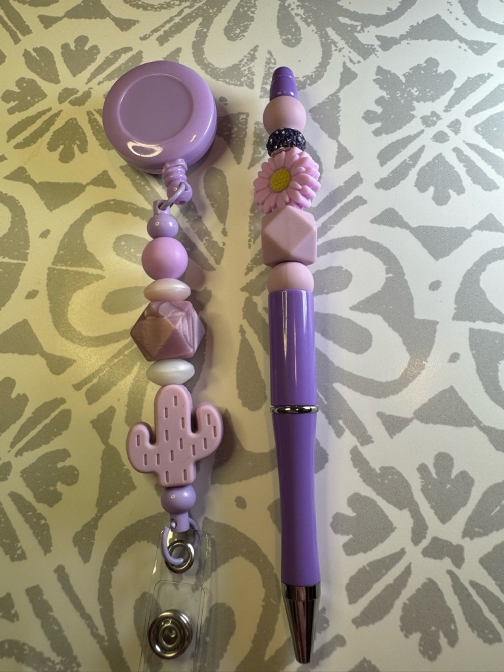 Purple Beaded Pen and Badge Reel Key & Card Holder Set